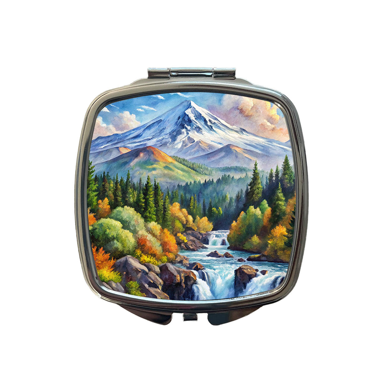 Cascade - Siskiyou National Monument California, Oregon Watercolor Style Small Travel Purse Handbag Pocket Makeup Compact Mirror
