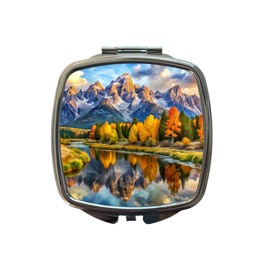 Grand Teton National Park Wyoming Watercolor Style Small Travel Purse Handbag Pocket Makeup Compact Mirror