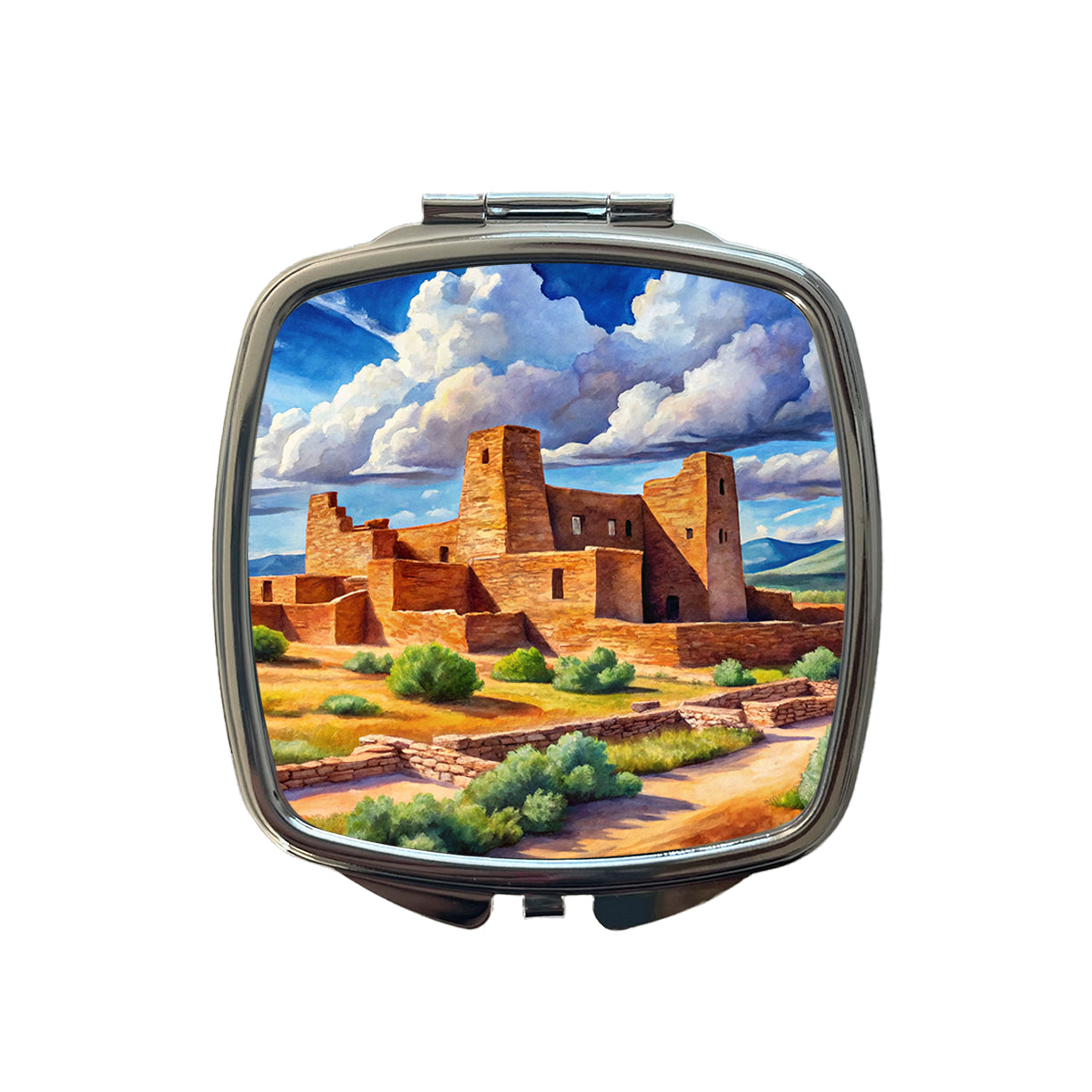 Salinas Pueblo Missions National Monument New Mexico Watercolor Style Small Travel Purse Handbag Pocket Makeup Compact Mirror