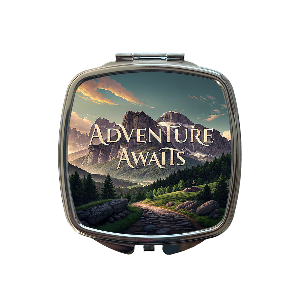 Adventure Awaits Mountains Hiking Camping Small Travel Purse Handbag Pocket Makeup Compact Mirror