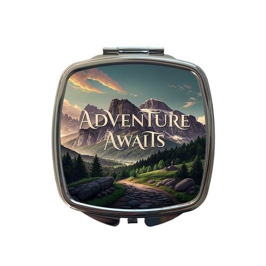 Adventure Awaits Mountains Hiking Camping Small Travel Purse Handbag Pocket Makeup Compact Mirror