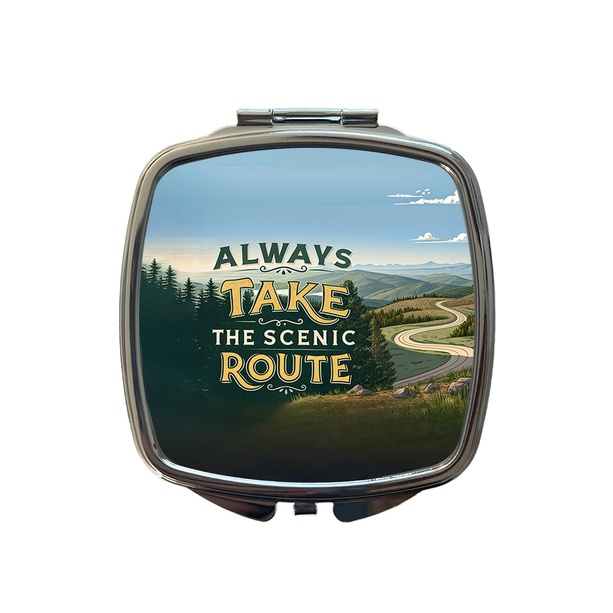 Always Take The Scenic Route Driving Small Travel Purse Handbag Pocket Makeup Compact Mirror