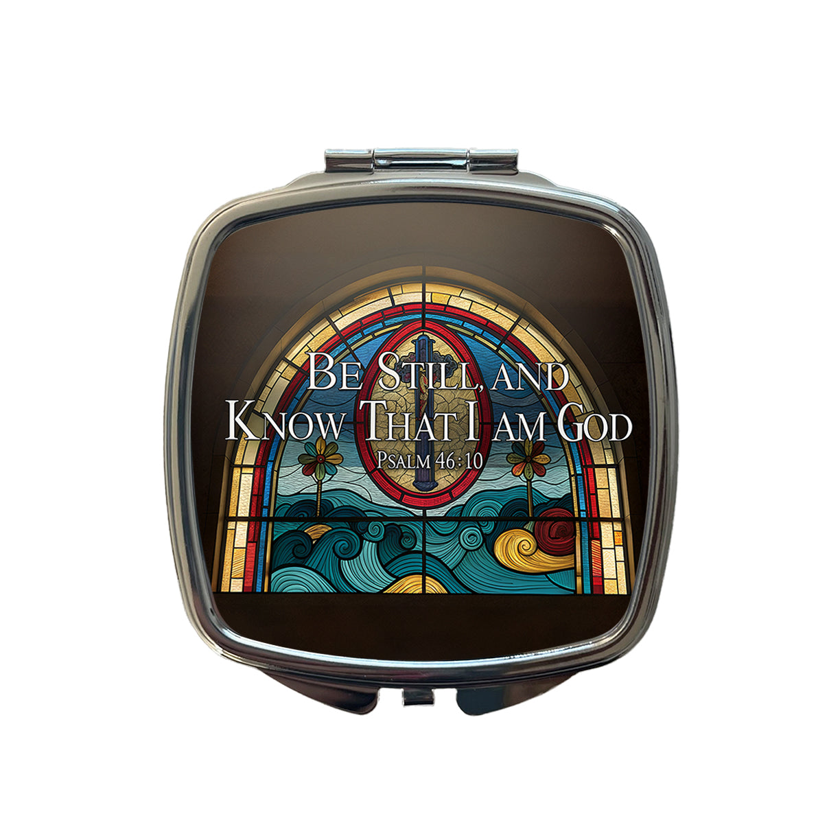 Be Still And Know That I Am God Psalm 46-10 Stained Glass Window Small Travel Purse Handbag Pocket Makeup Compact Mirror