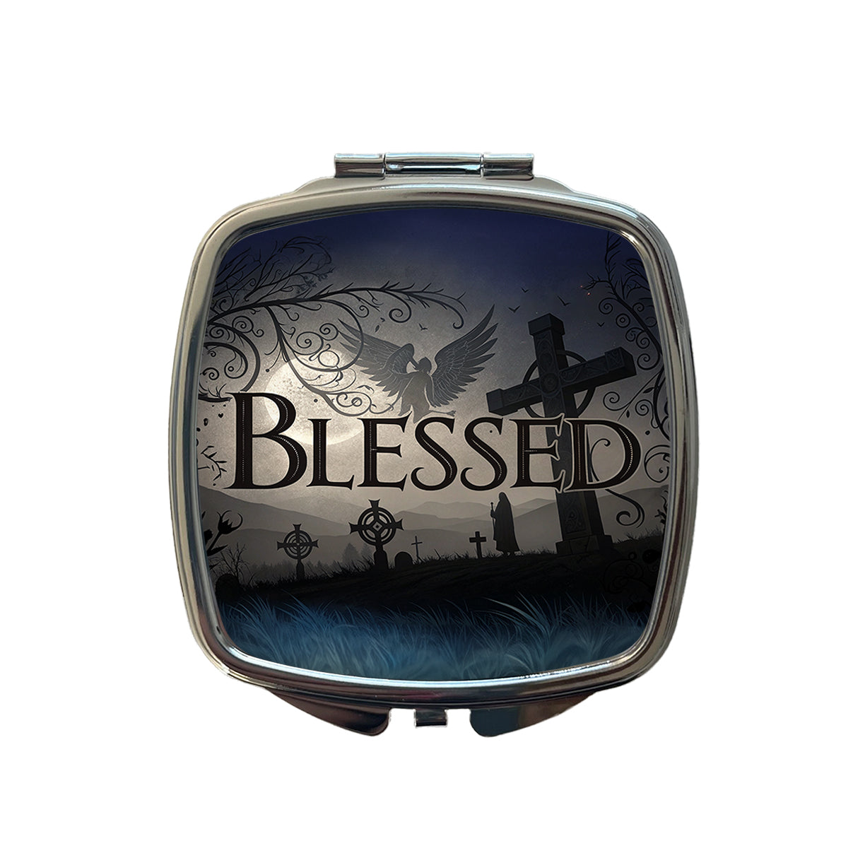 Blessed Angels Crosses Religious Small Travel Purse Handbag Pocket Makeup Compact Mirror