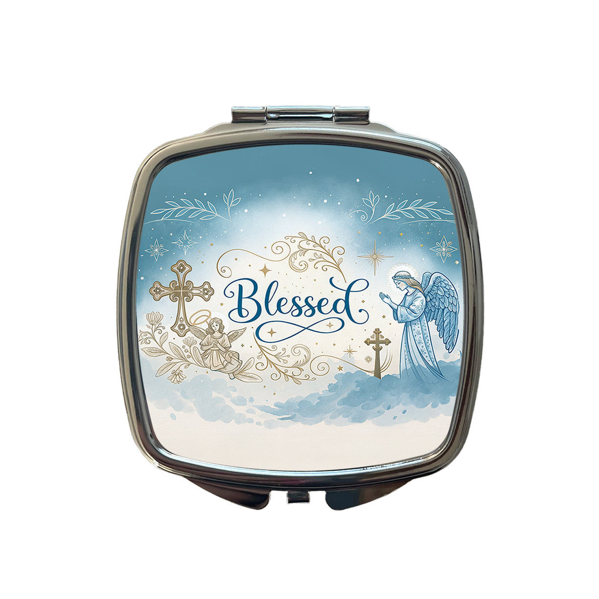Blessed Religious Angel Blue White Small Travel Purse Handbag Pocket Makeup Compact Mirror
