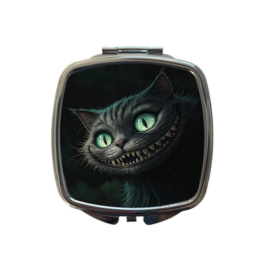Evil Cheshire Cat Grinning On Black Small Travel Purse Handbag Pocket Makeup Compact Mirror