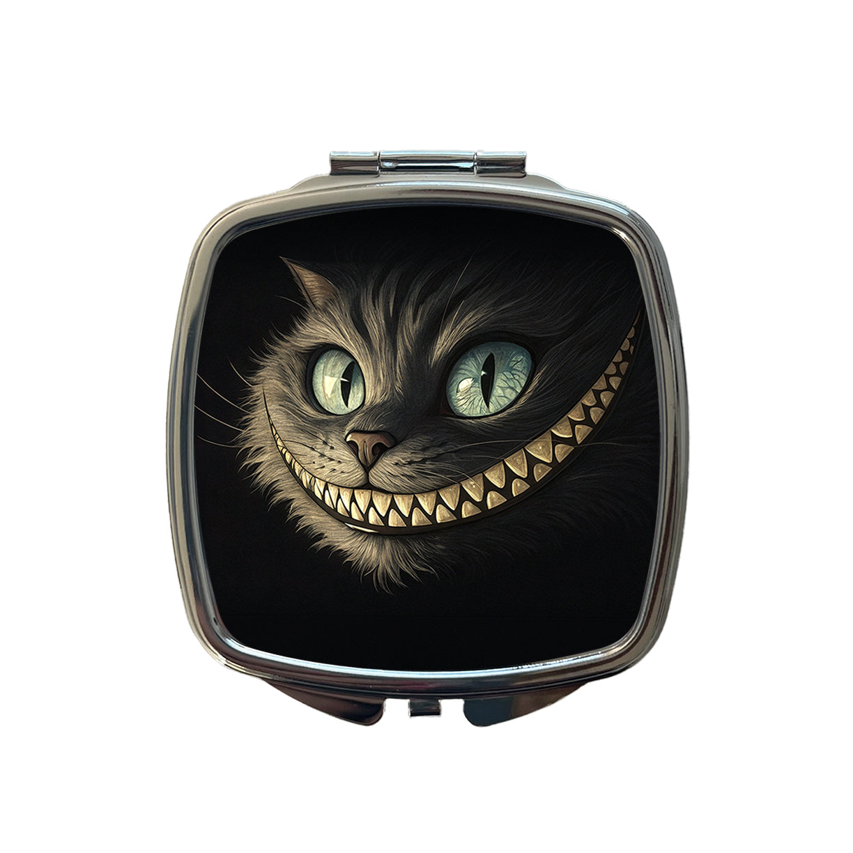 Funny Cheshire Cat Grin on Black Small Travel Purse Handbag Pocket Makeup Compact Mirror