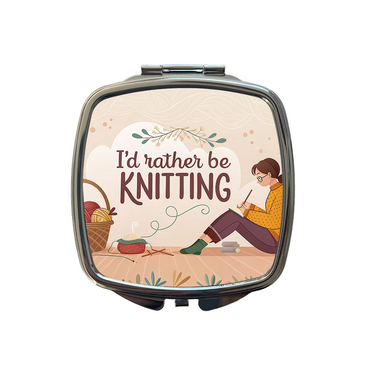I'd Rather Be Knitting Basket of Yarn Small Travel Purse Handbag Pocket Makeup Compact Mirror