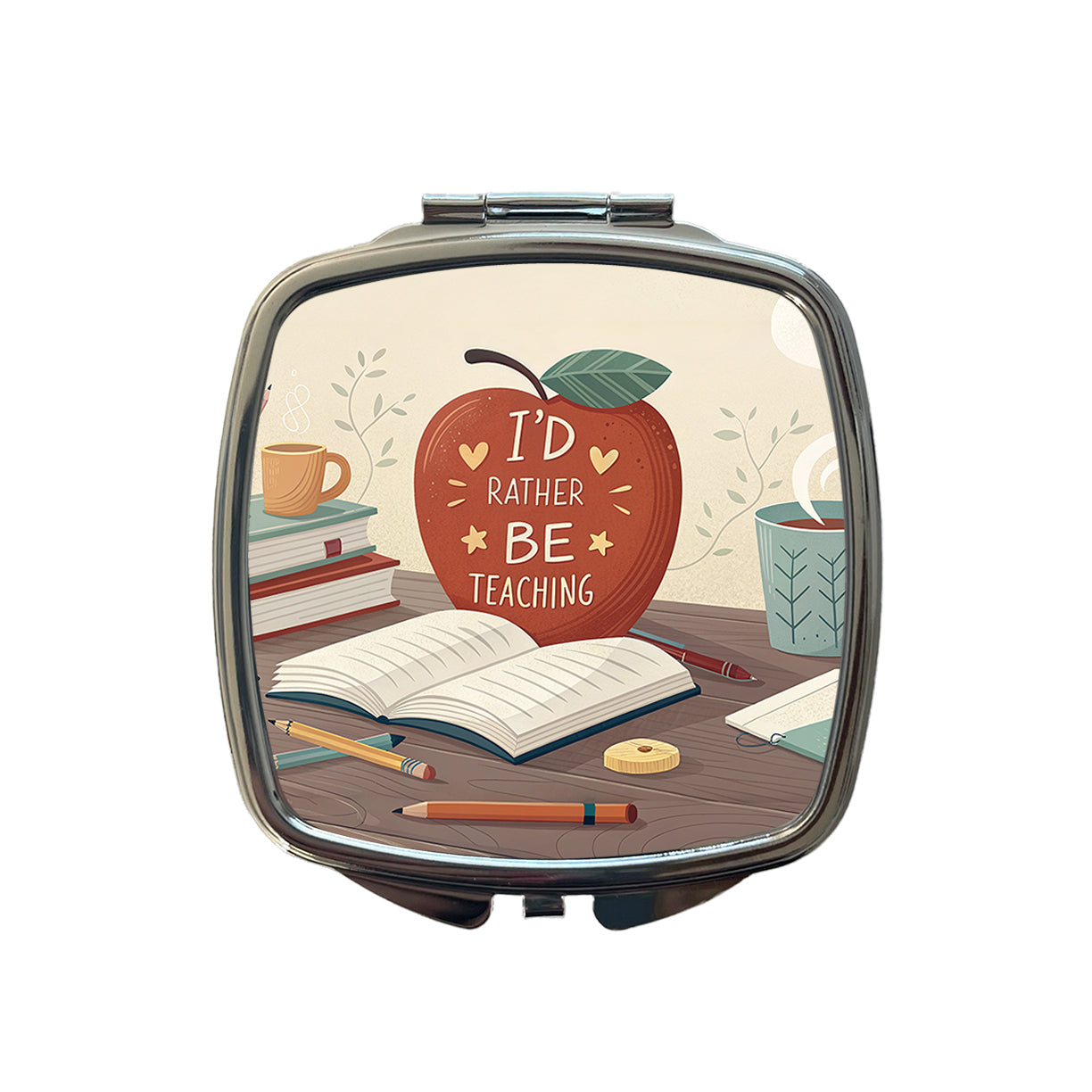 I'd Rather Be Teaching Apple Books Desk Small Travel Purse Handbag Pocket Makeup Compact Mirror
