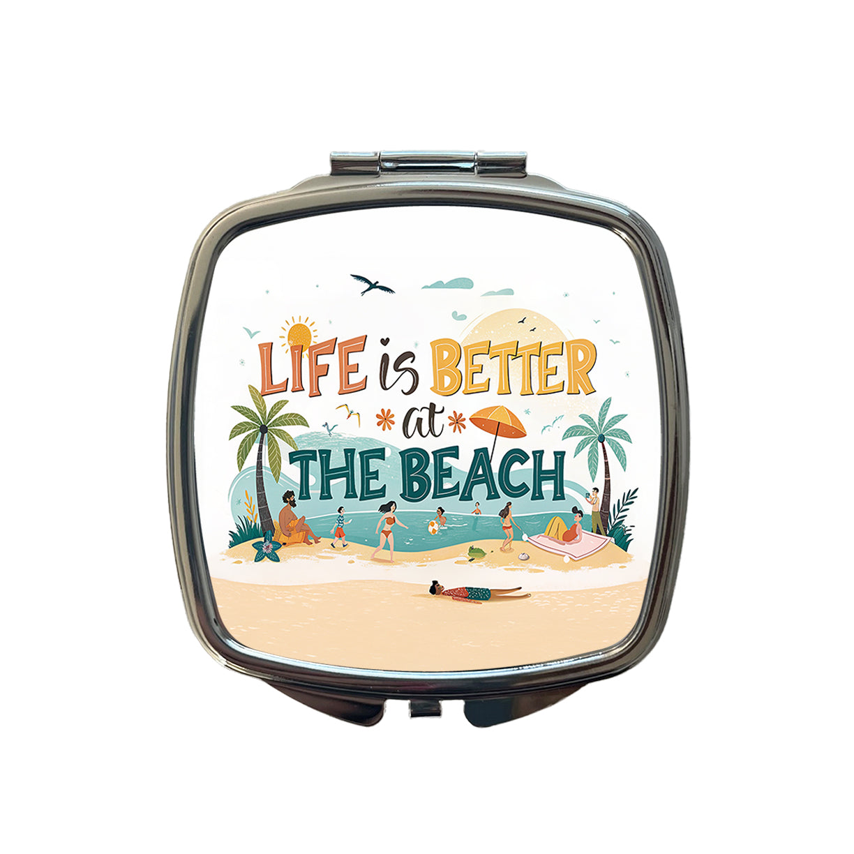 Life Is Better At The Beach Cartoon Small Travel Purse Handbag Pocket Makeup Compact Mirror