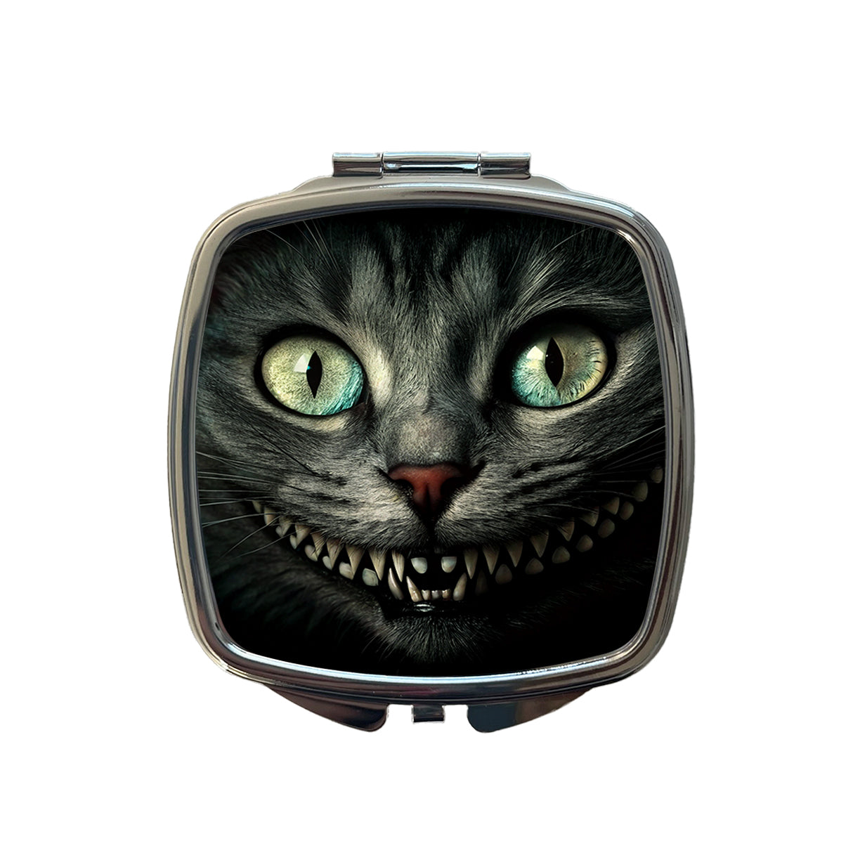 Mischievous Cheshire Cat Grin on Black Small Travel Purse Handbag Pocket Makeup Compact Mirror