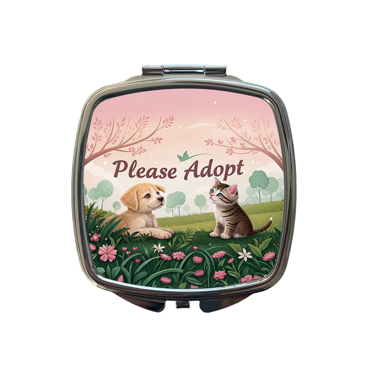 Please Adopt Animal Pet Dog Cat Rescue Small Travel Purse Handbag Pocket Makeup Compact Mirror