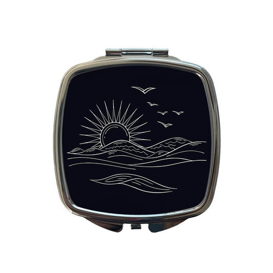 Sunrise And Ocean Wave Outline Illustration Small Travel Purse Handbag Pocket Makeup Compact Mirror