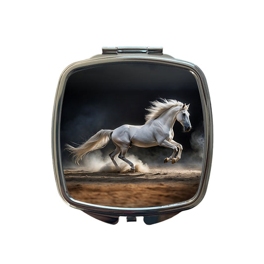 White Horse Galloping Small Travel Purse Handbag Pocket Makeup Compact Mirror