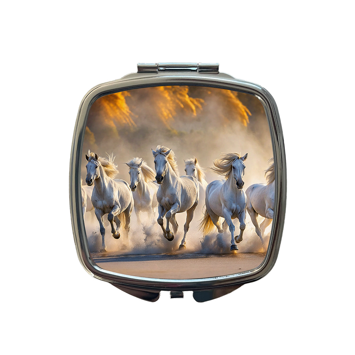 White Horses Galloping Out Of The Mist Small Travel Purse Handbag Pocket Makeup Compact Mirror