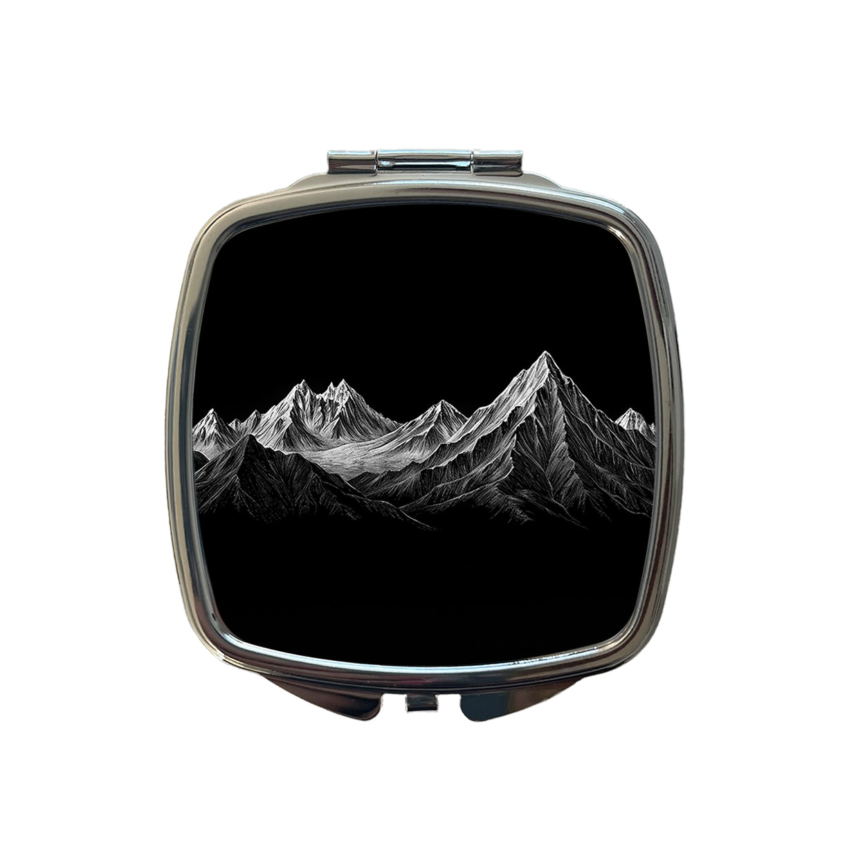 White Mountains On Black Outdoors Hiking Camping Small Travel Purse Handbag Pocket Makeup Compact Mirror