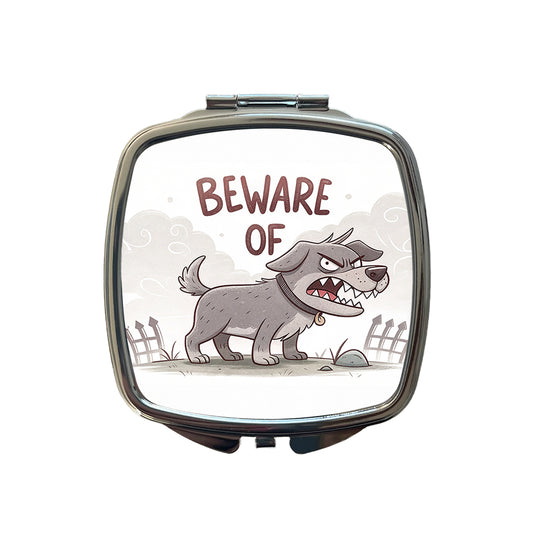 Beware Of Dog Funny Cartoon Small Travel Purse Handbag Pocket Makeup Compact Mirror