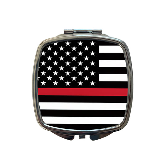Black and White Thin Red Line Firefighter American Flag Small Travel Purse Handbag Pocket Makeup Compact Mirror