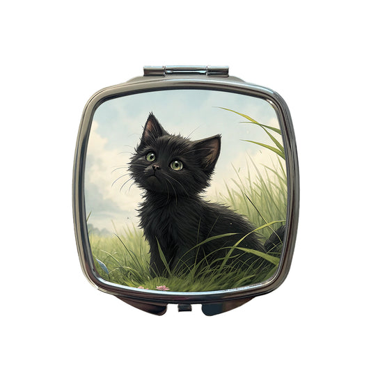 Black Kitten Cat in Field Small Travel Purse Handbag Pocket Makeup Compact Mirror