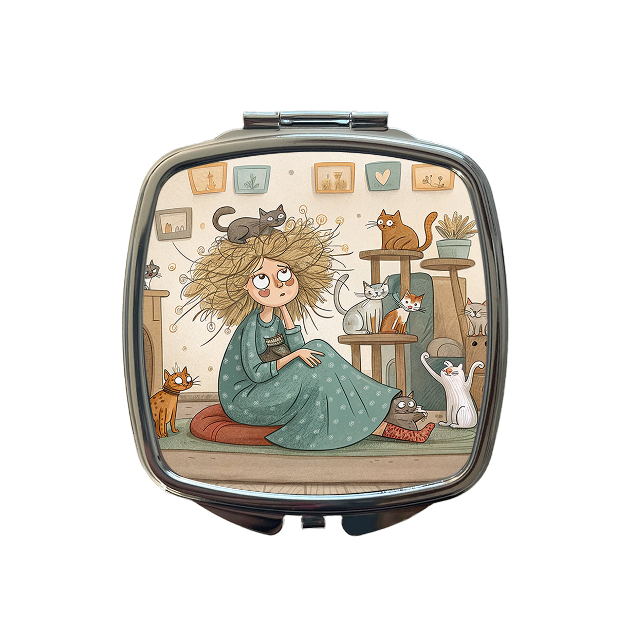 Cartoon of Crazy Cat Lady Home Small Travel Purse Handbag Pocket Makeup Compact Mirror
