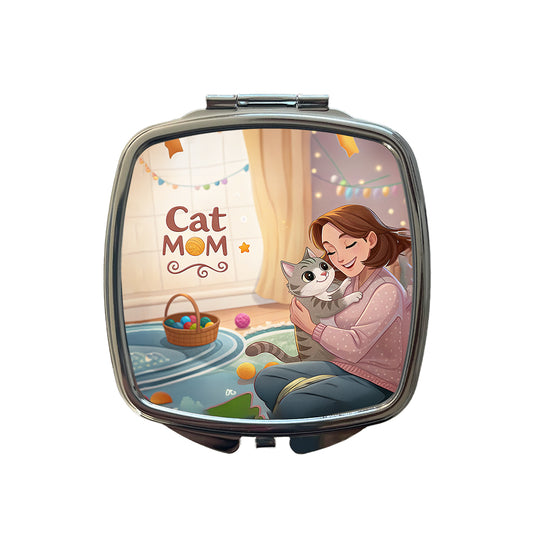 Cat Mom Cartoon Small Travel Purse Handbag Pocket Makeup Compact Mirror