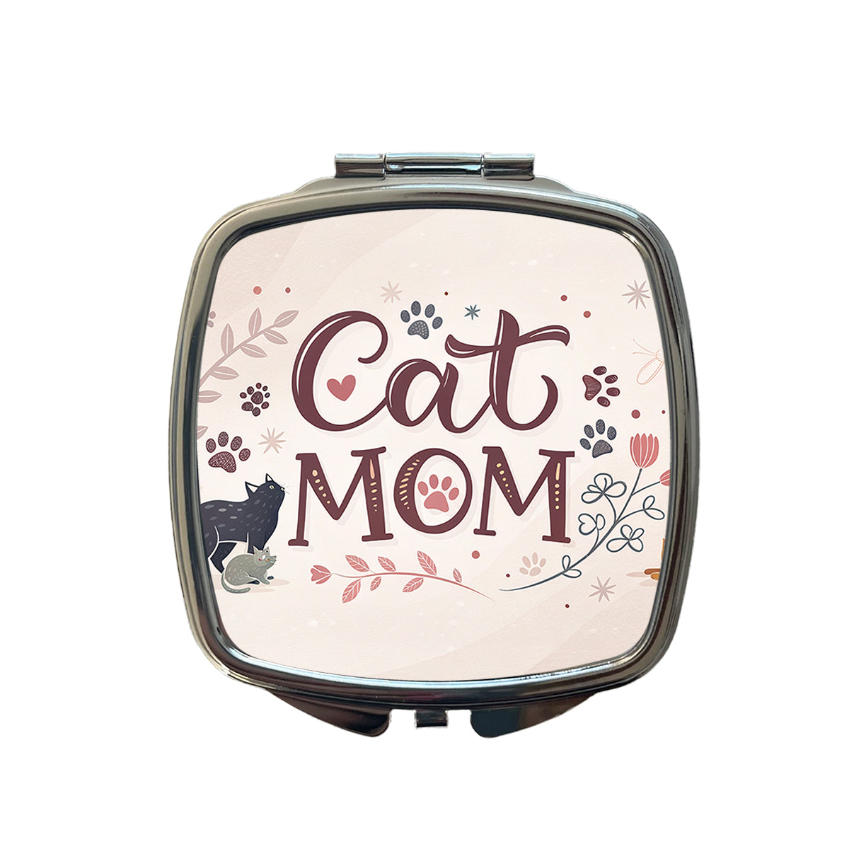 Cat Mom Floral Paw Prints Small Travel Purse Handbag Pocket Makeup Compact Mirror