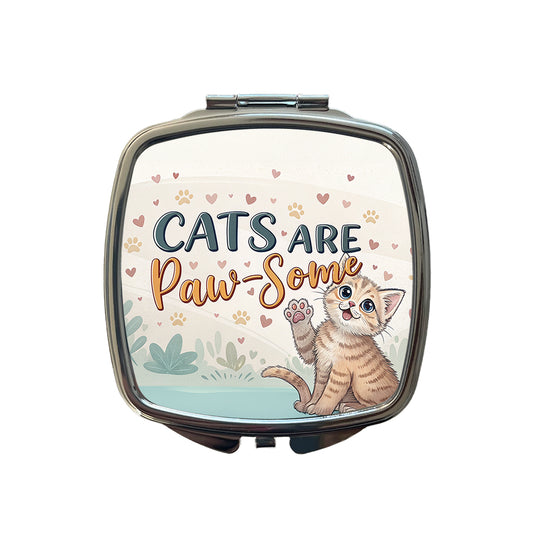 Cats Are Paw-Some Awesome Funny Small Travel Purse Handbag Pocket Makeup Compact Mirror