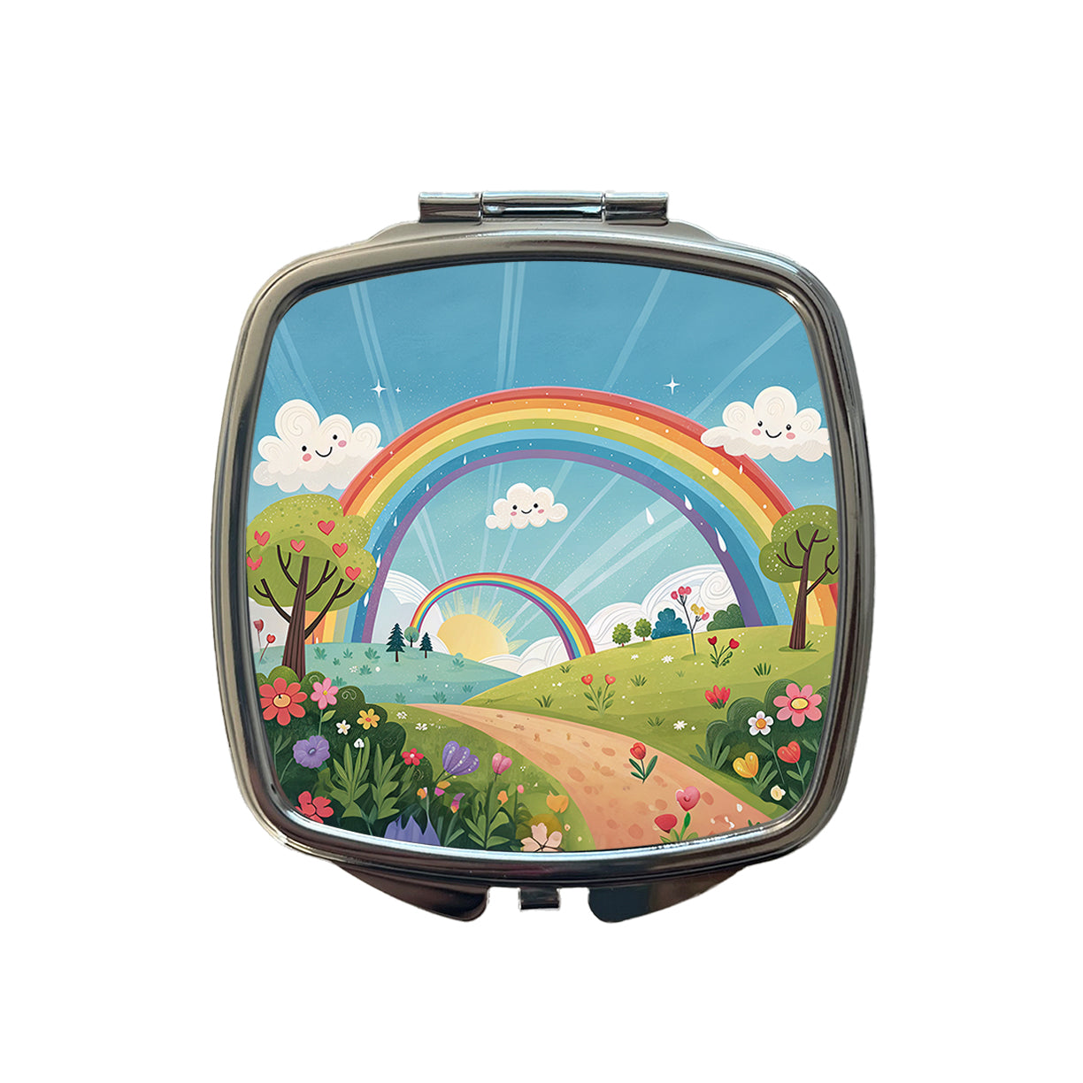 Double Rainbow Cartoon Illustration Small Travel Purse Handbag Pocket Makeup Compact Mirror