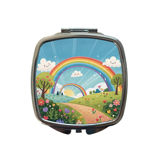 Double Rainbow Cartoon Illustration Small Travel Purse Handbag Pocket Makeup Compact Mirror