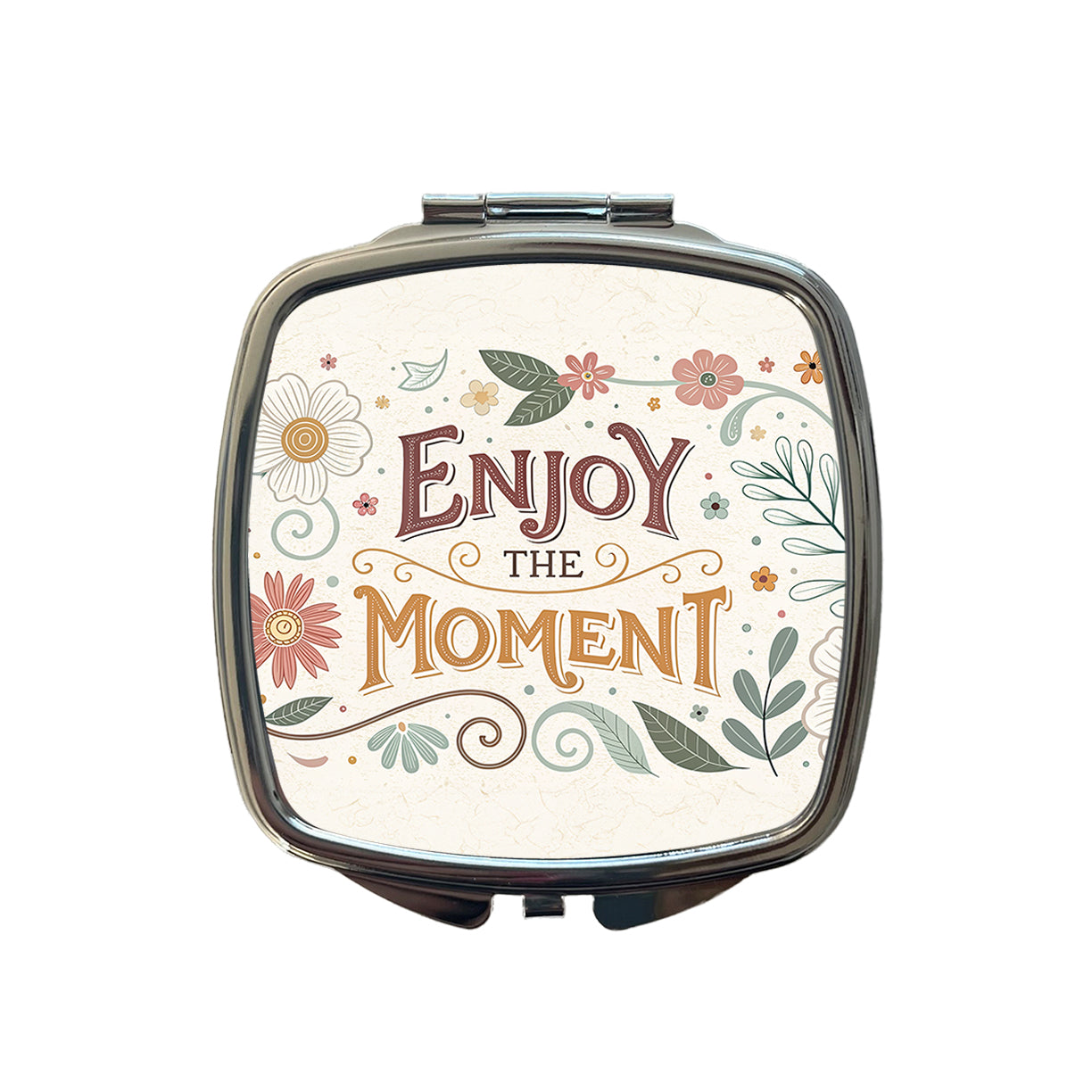 Enjoy The Moment Retro Floral Inspirational Small Travel Purse Handbag Pocket Makeup Compact Mirror