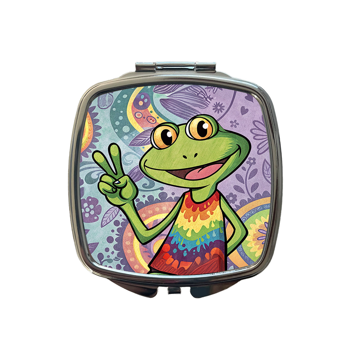 Frog Giving Peace Sign Hippie Tie Dye Small Travel Purse Handbag Pocket Makeup Compact Mirror