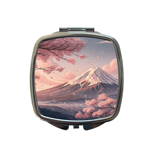 Mount Fuji Blooming Sakura Trees Japanese Illustration Small Travel Purse Handbag Pocket Makeup Compact Mirror