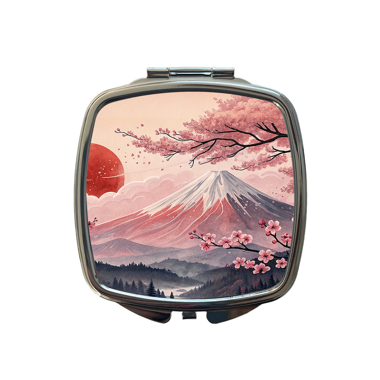 Mount Fuji With Cherry Blossoms Rising Sun Japanese Illustration Small Travel Purse Handbag Pocket Makeup Compact Mirror