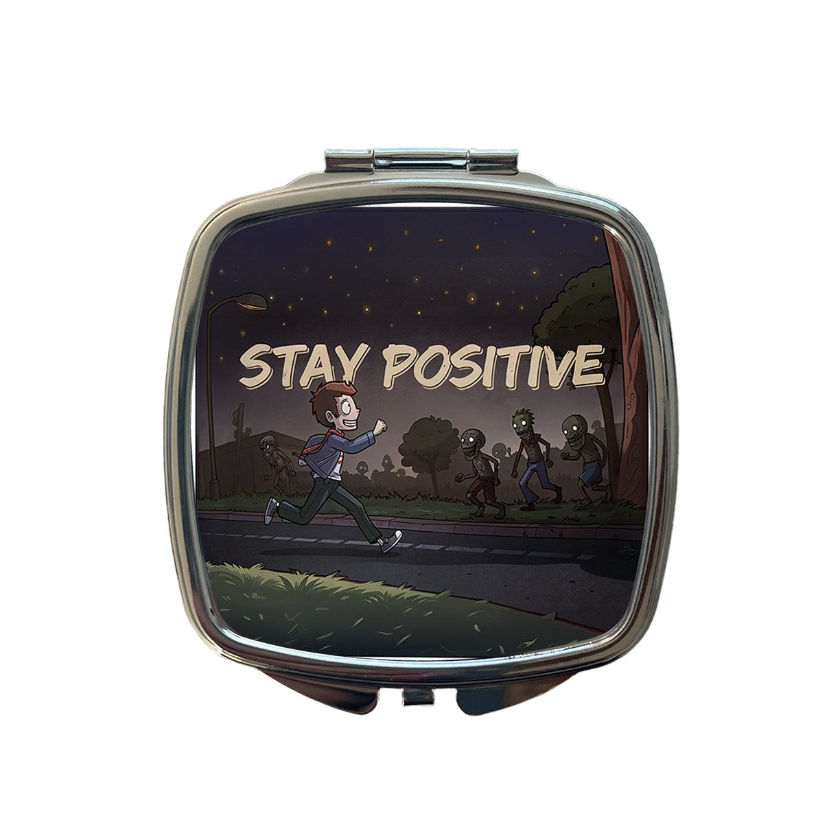Stay Positive Funny Zombie Cartoon Small Travel Purse Handbag Pocket Makeup Compact Mirror