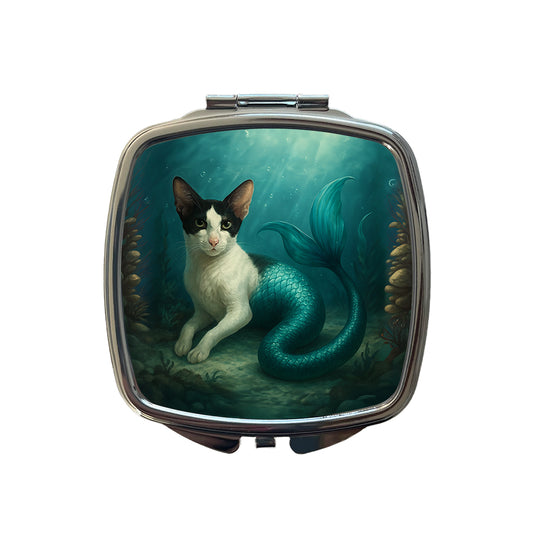 Vintage Oriental Shorthair Cat Mermaid Fantasy Painting Small Travel Purse Handbag Pocket Makeup Compact Mirror