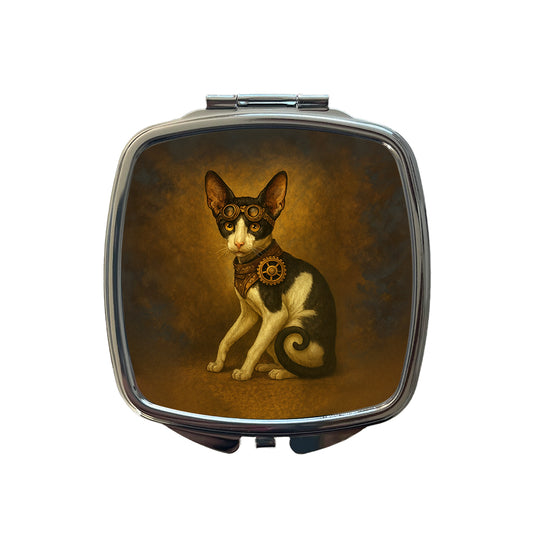Vintage Steampunk Oriental Shorthair Cat Fantasy Painting Small Travel Purse Handbag Pocket Makeup Compact Mirror