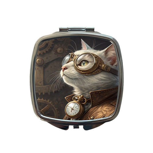 White Cat Steampunk Small Travel Purse Handbag Pocket Makeup Compact Mirror