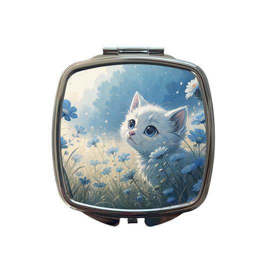 White Kitten in Field Of Blue Flowers Anime Style Small Travel Purse Handbag Pocket Makeup Compact Mirror