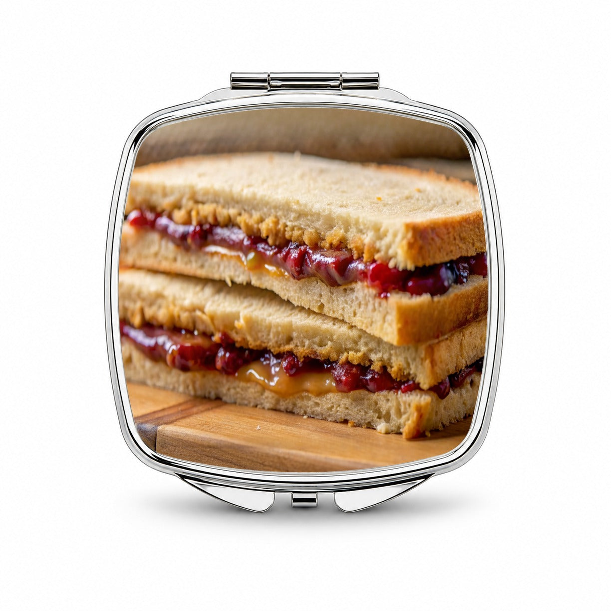 Close-up of a PB&J Peanut Butter And Jelly Sandwich Small Travel Purse Handbag Pocket Makeup Compact Mirror