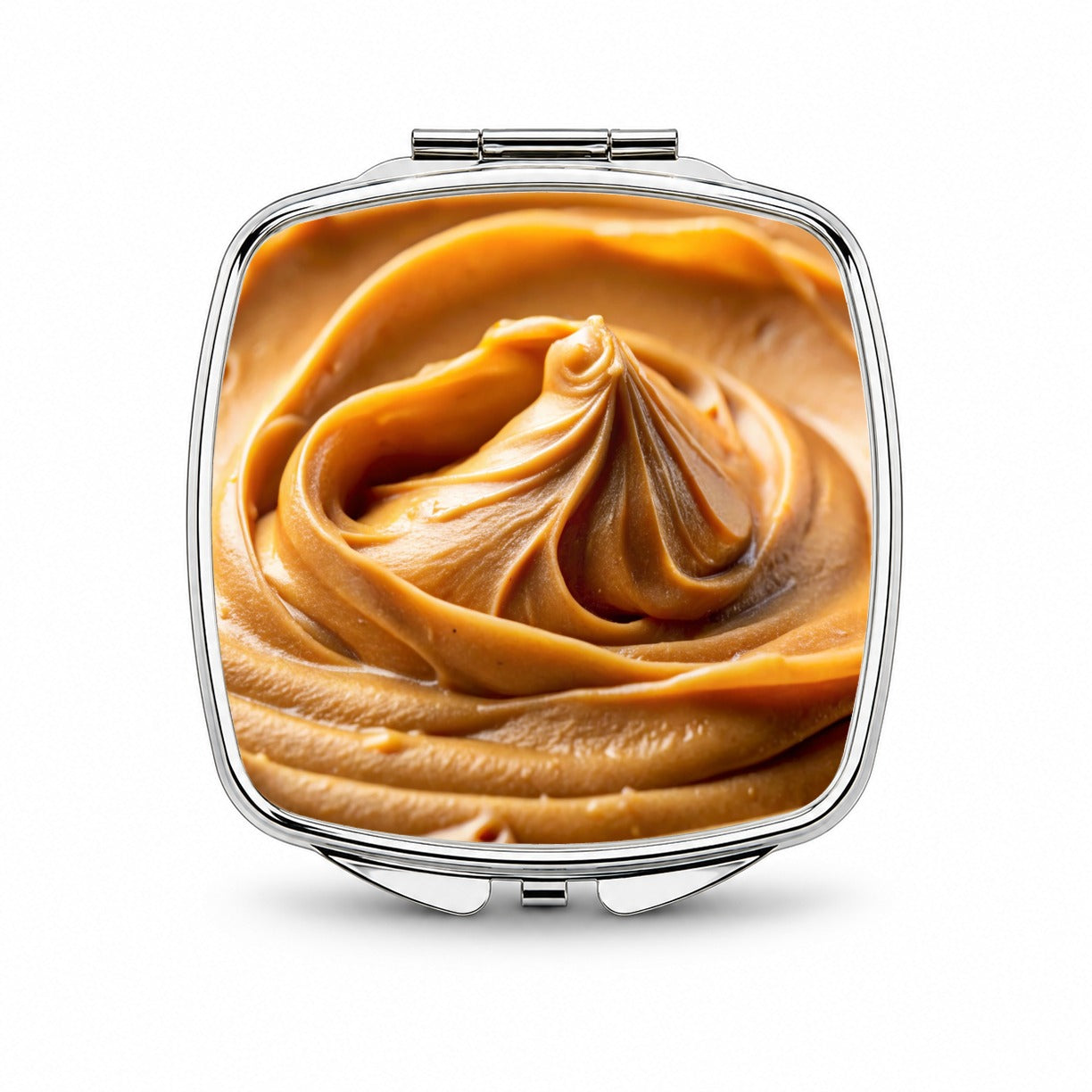 Close-up of Creamy Peanut Butter Small Travel Purse Handbag Pocket Makeup Compact Mirror