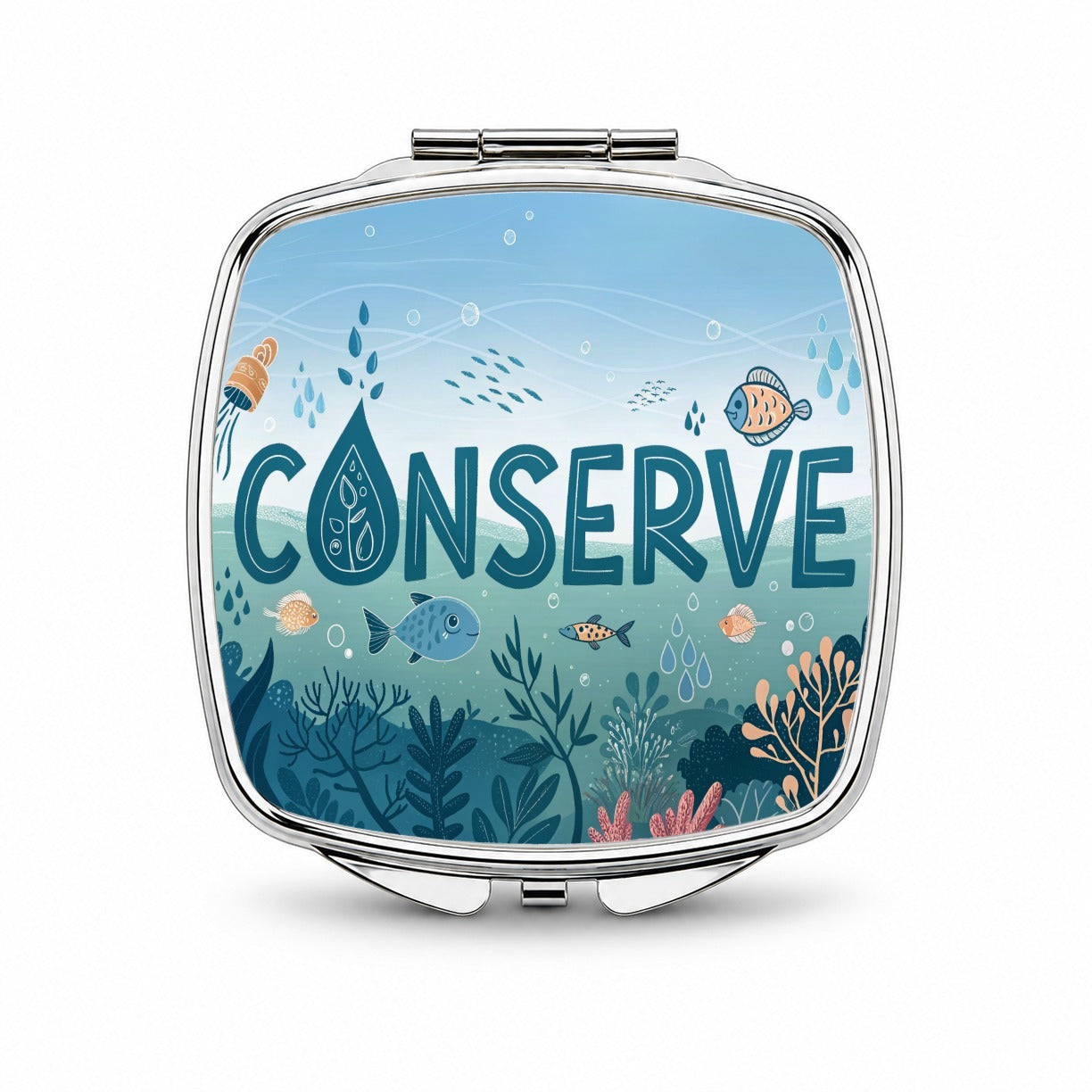 Conserve Water Fish Conservation Theme Small Travel Purse Handbag Pocket Makeup Compact Mirror