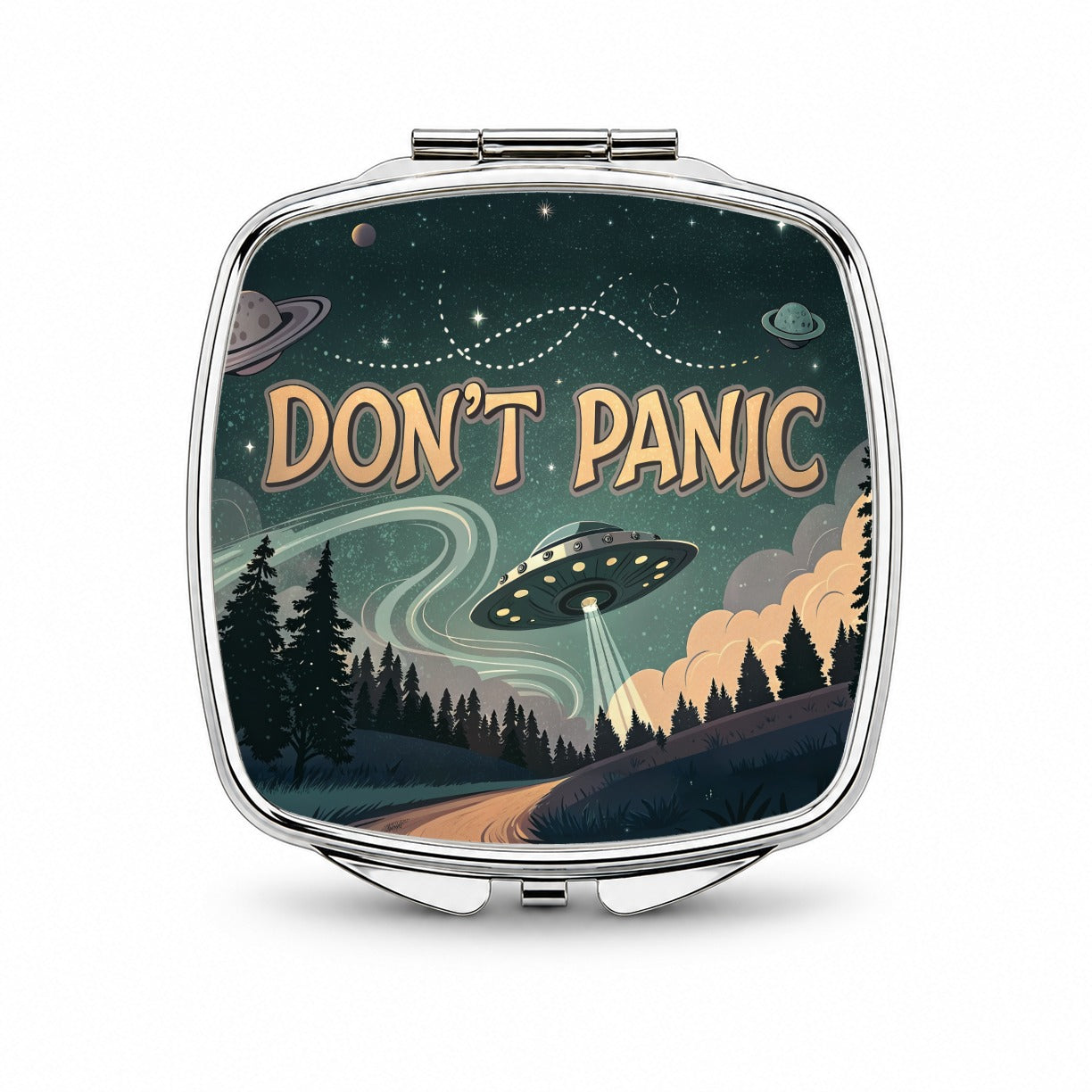 Don't Panic Retro UFO Invasion Funny Small Travel Purse Handbag Pocket Makeup Compact Mirror