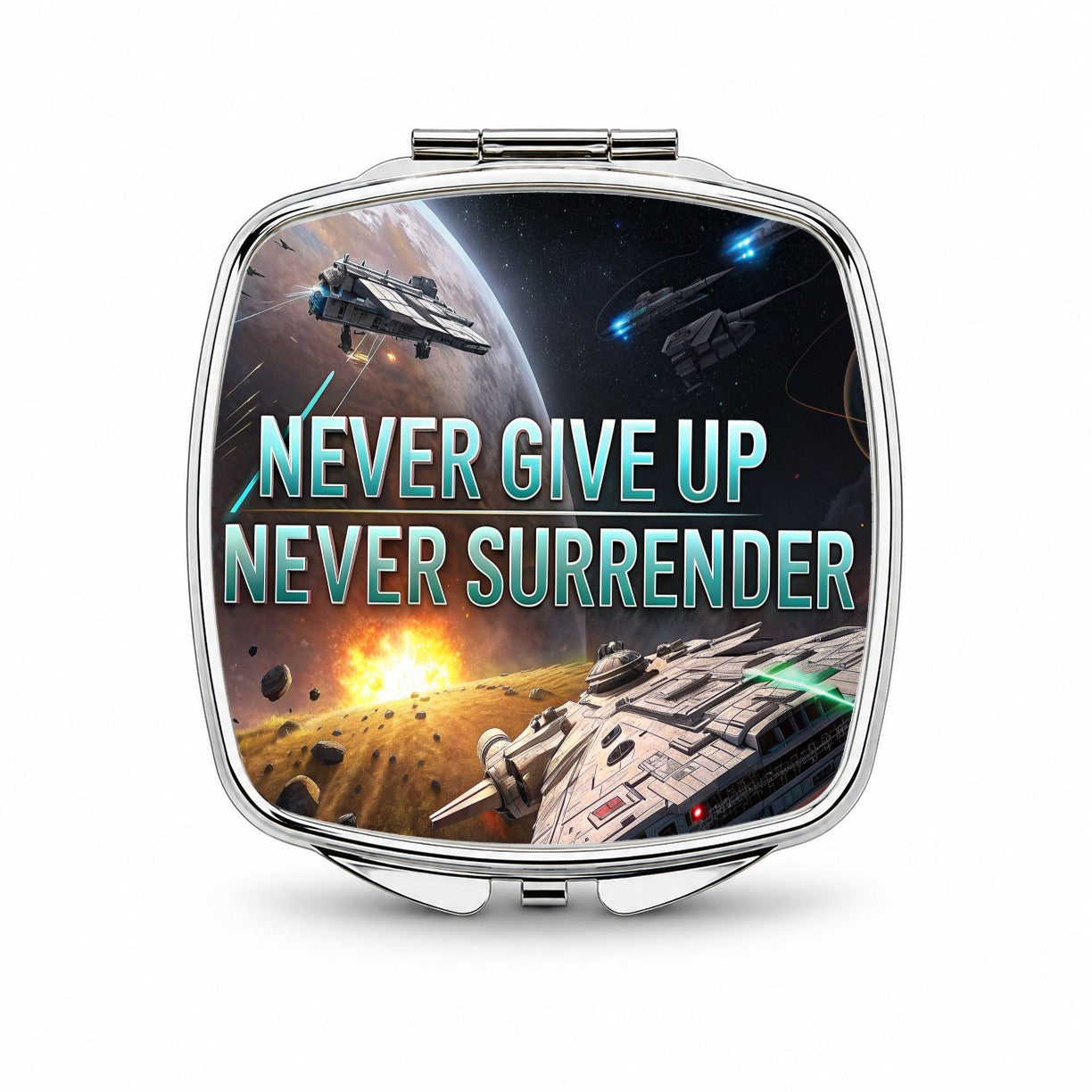 Never Give Up Never Surrender Inspirational Sci-Fi Space Small Travel Purse Handbag Pocket Makeup Compact Mirror