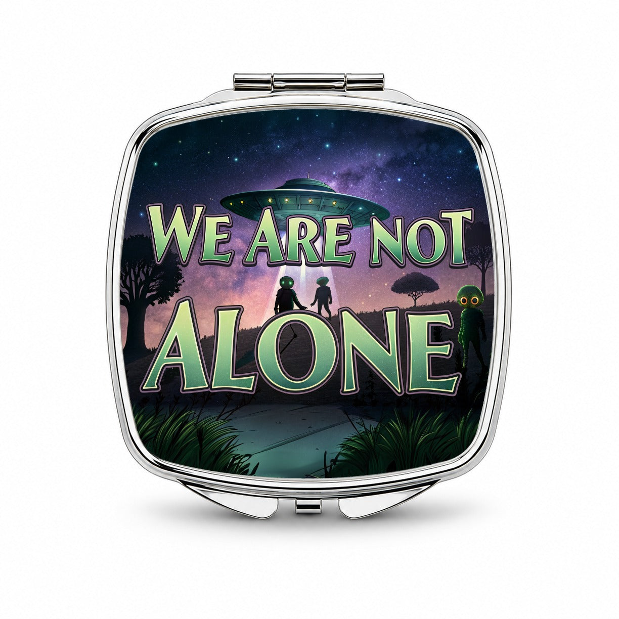 We Are Not Alone UFO Aliens Small Travel Purse Handbag Pocket Makeup Compact Mirror