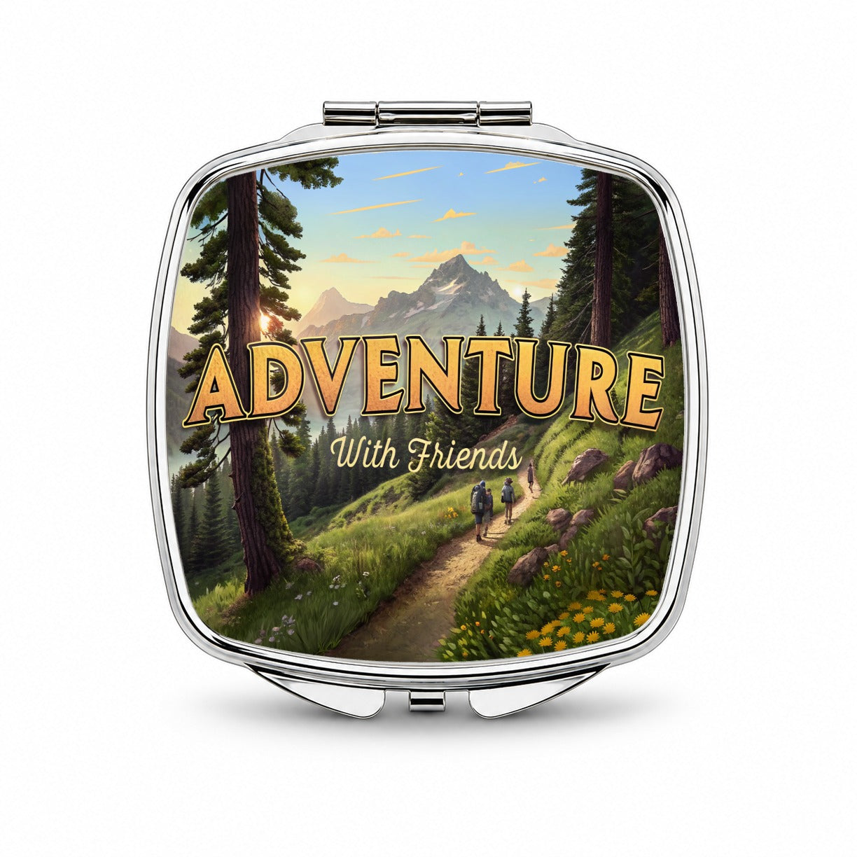 Adventure With Friends Hiking Camping Small Travel Purse Handbag Pocket Makeup Compact Mirror