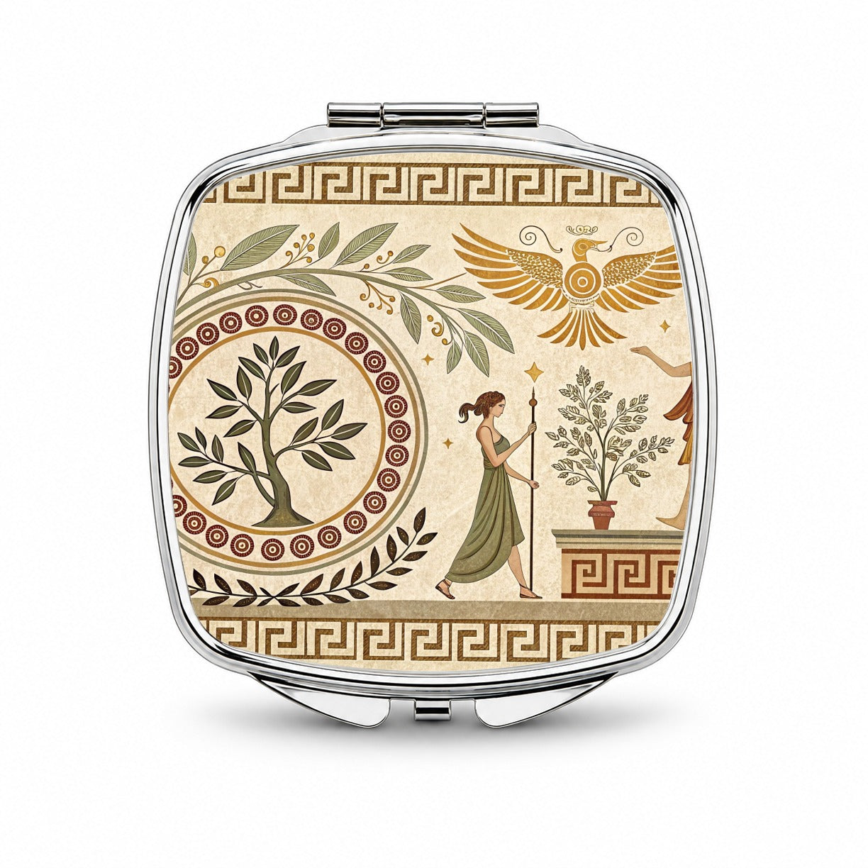 Ancient Greek Tree Pattern Small Travel Purse Handbag Pocket Makeup Compact Mirror