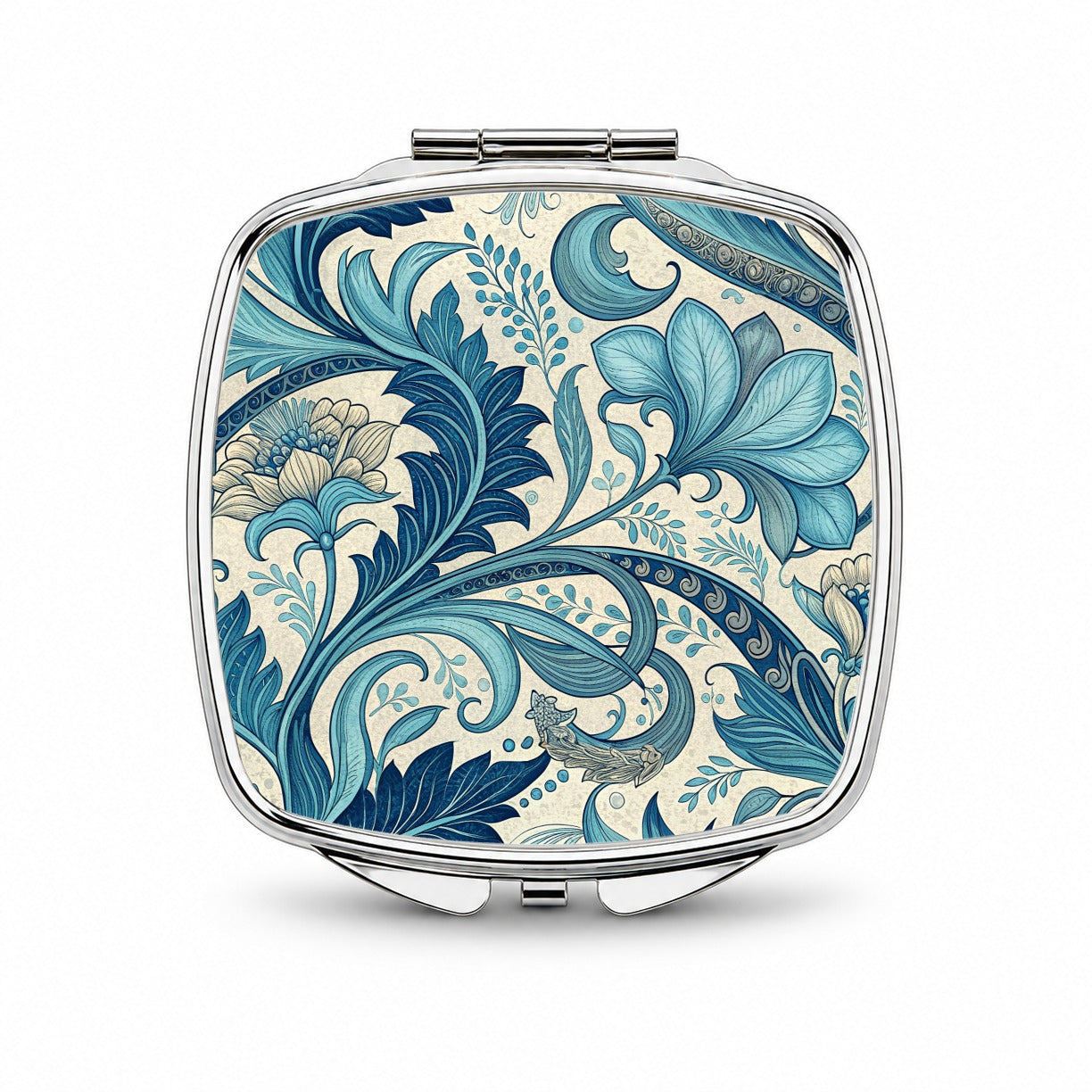 Art Nouveau Blue Leaf Flowers Small Travel Purse Handbag Pocket Makeup Compact Mirror