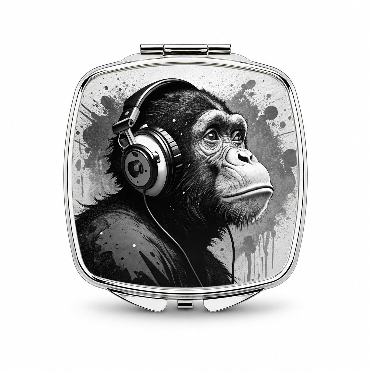 Artsy B&W Monkey with Headphones Small Travel Purse Handbag Pocket Makeup Compact Mirror