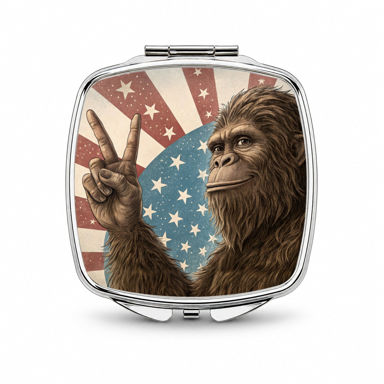 Bigfoot Giving Peace Sign Rising American Flag Small Travel Purse Handbag Pocket Makeup Compact Mirror
