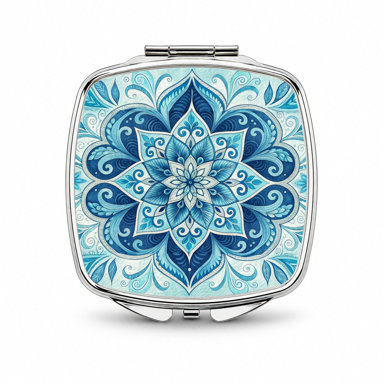 Blue Symmetrical Artistic Floral Pattern Small Travel Purse Handbag Pocket Makeup Compact Mirror